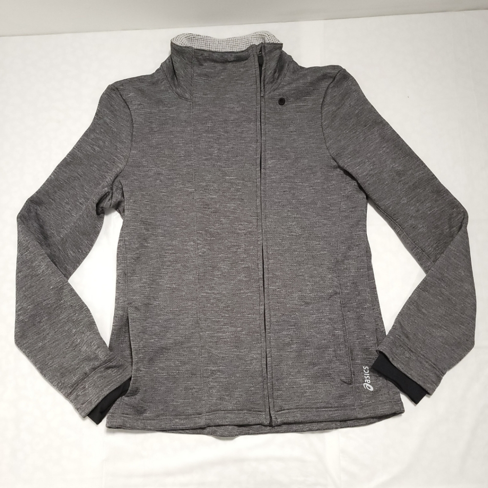 Asics Full Zip Gray Athletic Mock Neck Jacket Waffle Lining Pockets Sz Small